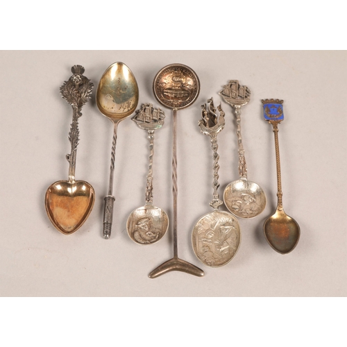 192 - Scottish silver thistle teaspoon with heart shaped bowl, and six other teaspoons.