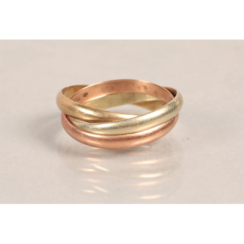 78 - Three 9ct gold bands intertwined, size N/O, 4.3g.