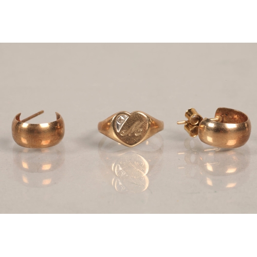 82 - Pair of 9ct gold earrings and a 9ct gold ring, 2.2g.