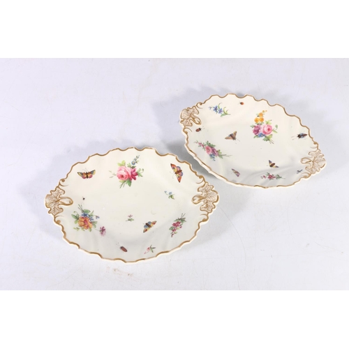 462 - Pair of Chelsea dishes of ribbed oval design with castellated rim, the handles and rim gilded with f... 