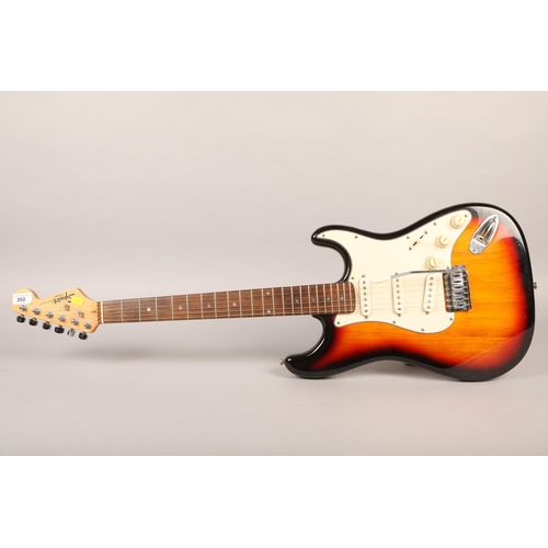 202 - Squier Strat Fender Sunburst, in soft guitar case.