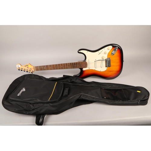 202 - Squier Strat Fender Sunburst, in soft guitar case.