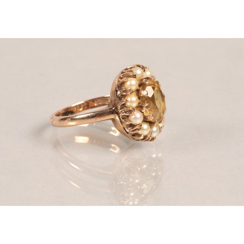 73 - 9ct gold citrine and seed pearl ring, size M.