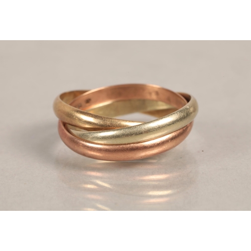 78 - Three 9ct gold bands intertwined, size N/O, 4.3g.