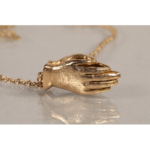 91 - 9ct gold prayer pendant with two thin chains, 13.7g.