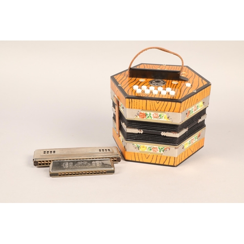 227 - German ten button concertina and two Hohner harmonicas.  (3)