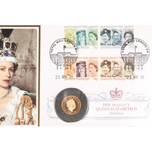 157 - Her Majesty Queen Elizabeth II Birthday gold proof sovereign coin cover, 7.9g.