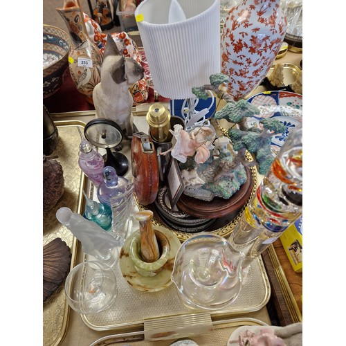 255 - Three Art Glass scent bottles, Franklin Mint Girl on a Swing model, a Jack-in-the-pulpit vase, a Gal... 