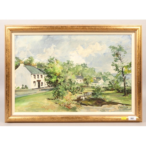 F Village scene, oil on board, signed, 60cm x 39cm, 72cm x 52