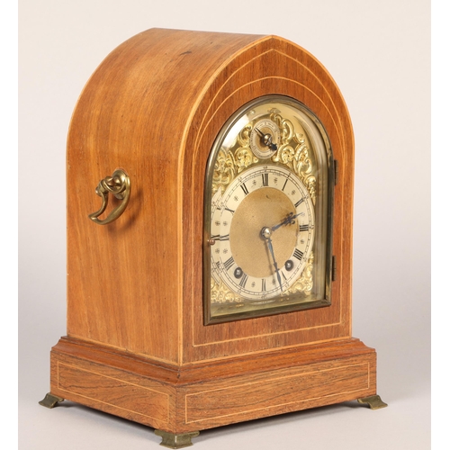 226 - Edwardian inlaid mahogany lancet top striking mantle clock, gilt scrollwork dial with silvered chapt... 