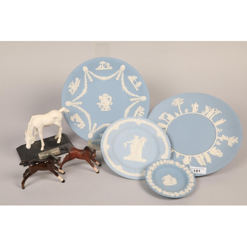 181 - Wedgwood blue jasperware plates, two Beswick foals, and a Beswick Young Spirit horse.