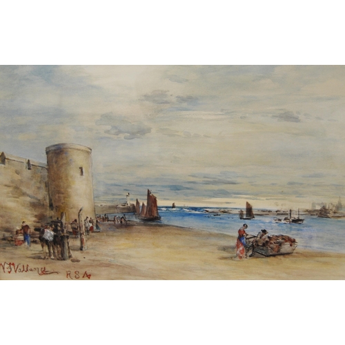 319 - William Fleming Vallance RSA (Scottish, 1827 - 1904)Beach scene with figures and a castle to the for... 