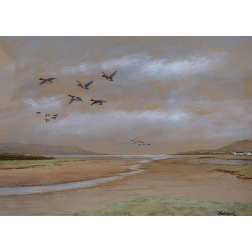 335 - Clifford Fishwick (British, 1923 - 1997)Red necked grebes in flight over coastal estuarySigned, wate... 