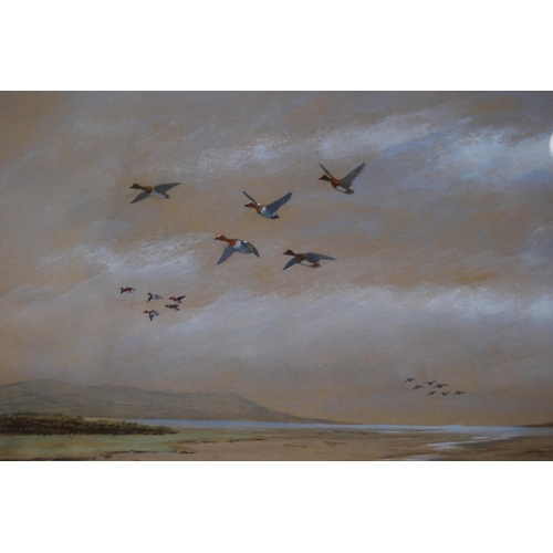 335 - Clifford Fishwick (British, 1923 - 1997)Red necked grebes in flight over coastal estuarySigned, wate... 