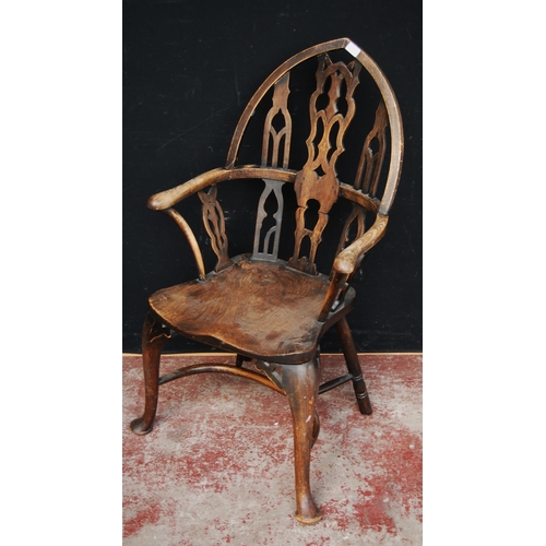 362 - Gothic Revival oak and ash Windsor chair, with lancet and hoop frame, shaped seat, on cabriole legs ... 