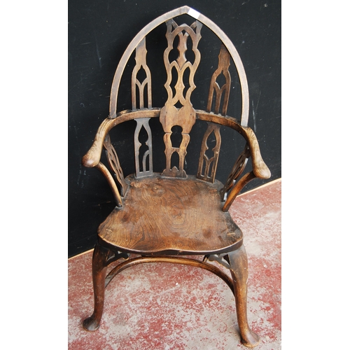 362 - Gothic Revival oak and ash Windsor chair, with lancet and hoop frame, shaped seat, on cabriole legs ... 