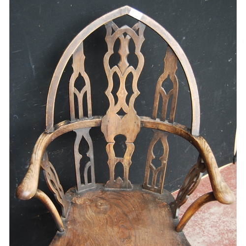 362 - Gothic Revival oak and ash Windsor chair, with lancet and hoop frame, shaped seat, on cabriole legs ... 