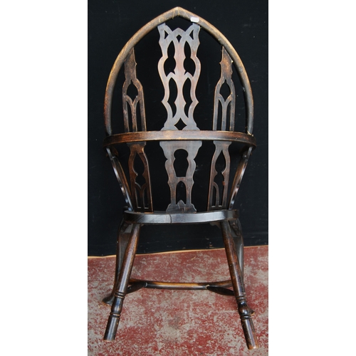 362 - Gothic Revival oak and ash Windsor chair, with lancet and hoop frame, shaped seat, on cabriole legs ... 