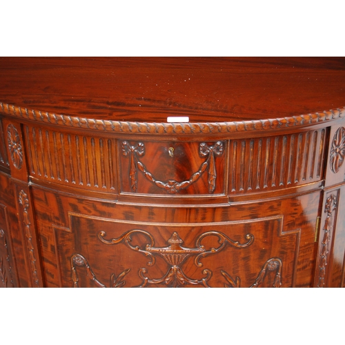 366 - Mahogany commode of demi-lune shape in the 18th century style, with a drawer above a cupboard door e... 