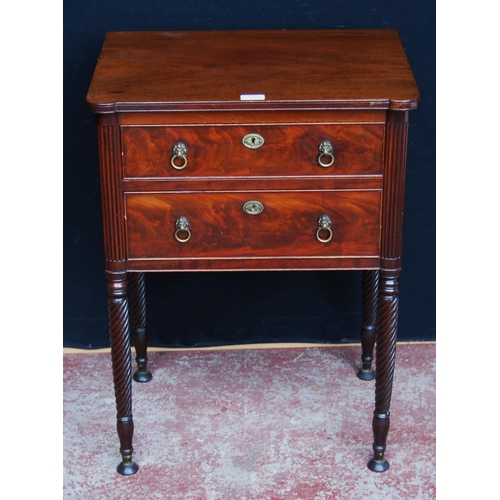 368 - Regency Scottish mahogany work table with two drawers, lion mask ring handles, on ornate reeded legs... 