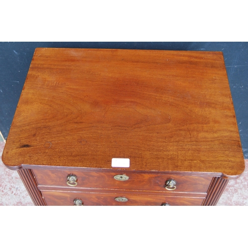 368 - Regency Scottish mahogany work table with two drawers, lion mask ring handles, on ornate reeded legs... 