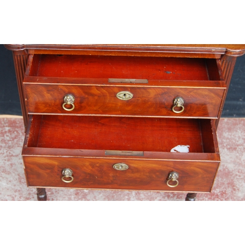 368 - Regency Scottish mahogany work table with two drawers, lion mask ring handles, on ornate reeded legs... 