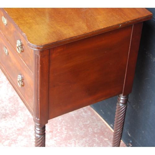 368 - Regency Scottish mahogany work table with two drawers, lion mask ring handles, on ornate reeded legs... 