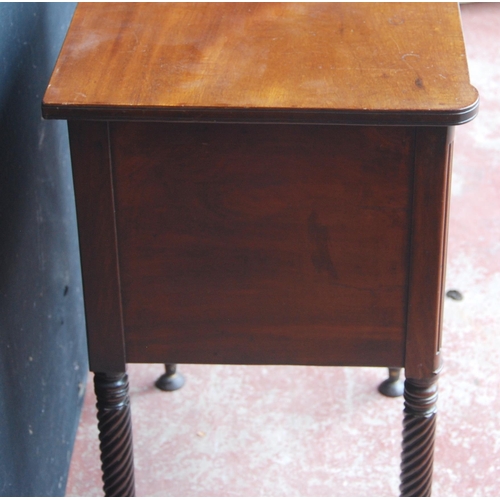 368 - Regency Scottish mahogany work table with two drawers, lion mask ring handles, on ornate reeded legs... 