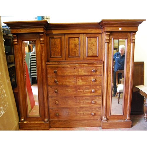 370 - Victorian mahogany breakfront combination wardrobe, with detachable cornice above a cupboard door an... 