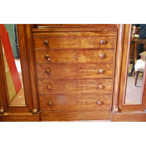 370 - Victorian mahogany breakfront combination wardrobe, with detachable cornice above a cupboard door an... 