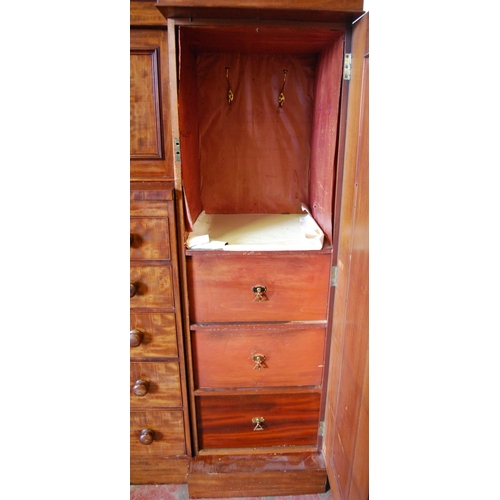 370 - Victorian mahogany breakfront combination wardrobe, with detachable cornice above a cupboard door an... 