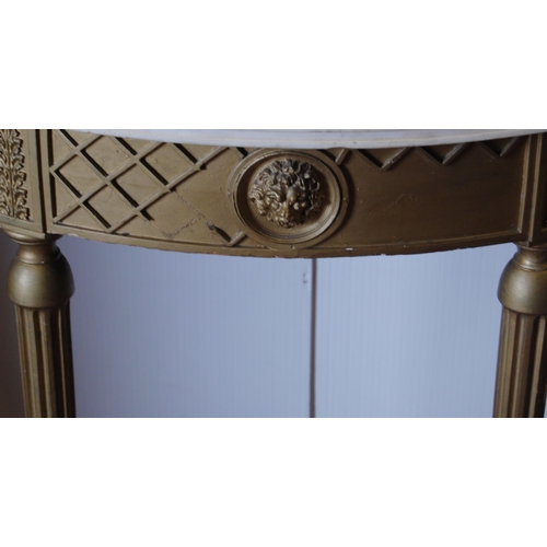 371 - Giltwood demi-lune console table with later composition fixed marble top above lion mask and geometr... 