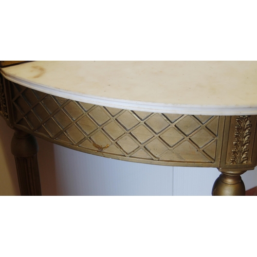 371 - Giltwood demi-lune console table with later composition fixed marble top above lion mask and geometr... 