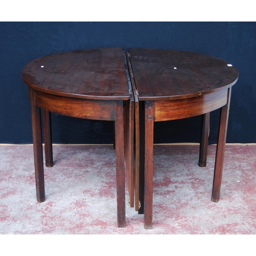 374 - Antique mahogany D-end dining table with two sections, each with extending drop leaves, 73cm high, a... 