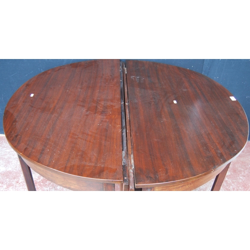 374 - Antique mahogany D-end dining table with two sections, each with extending drop leaves, 73cm high, a... 