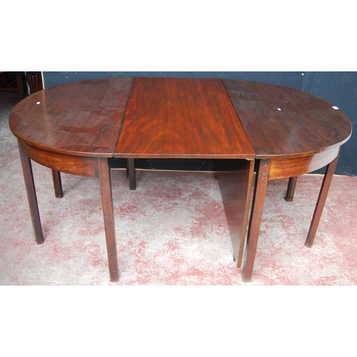 374 - Antique mahogany D-end dining table with two sections, each with extending drop leaves, 73cm high, a... 