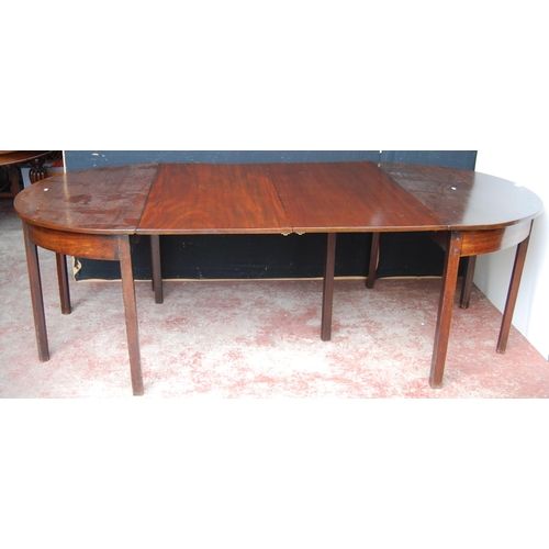 374 - Antique mahogany D-end dining table with two sections, each with extending drop leaves, 73cm high, a... 