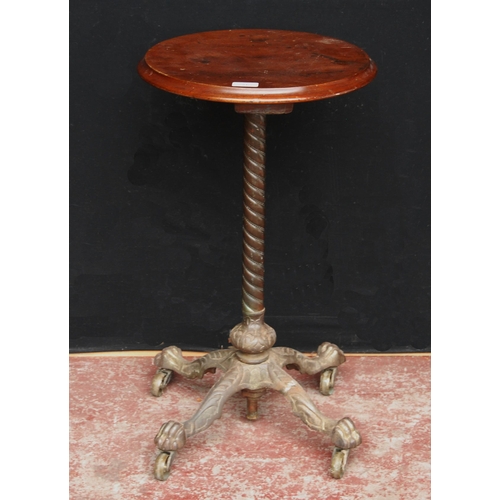 375 - Victorian cast iron and brass machinist's table, the saucer-shaped mahogany top on an extending bras... 