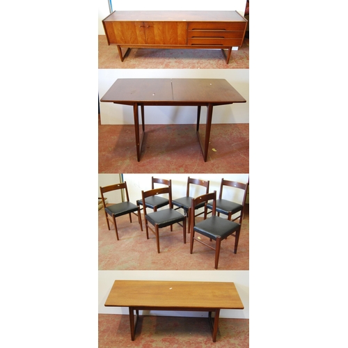 378 - Mid-20th century teak dining room suite comprising a sideboard, extending dining table, 76cm high, 1... 