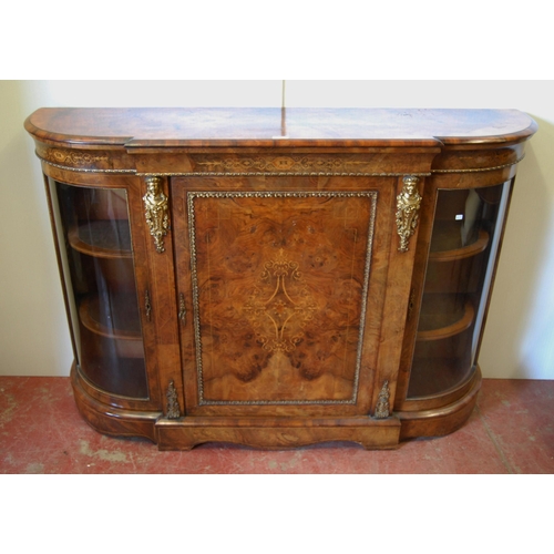 379 - Late Victorian inlaid walnut credenza with a central inlaid door flanked bowfront glazed doors enclo... 