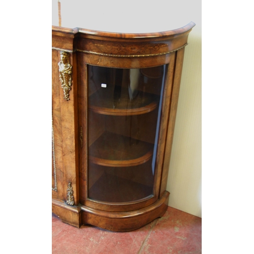 379 - Late Victorian inlaid walnut credenza with a central inlaid door flanked bowfront glazed doors enclo... 