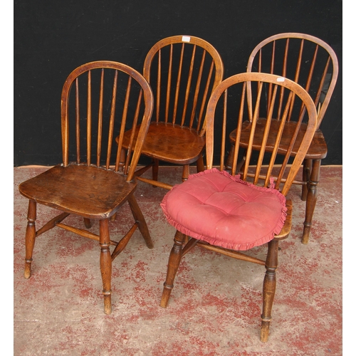 386 - Set of four antique ash and elm Windsor-type chairs, each with a hoop frame and stick back, peg join... 