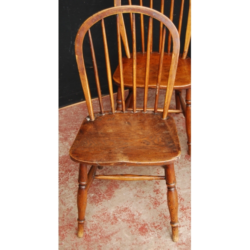 386 - Set of four antique ash and elm Windsor-type chairs, each with a hoop frame and stick back, peg join... 