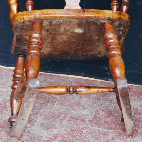 387 - Antique yew wood and elm Windsor rocking chair with hoop frame, stick back with pierced splat, pad a... 