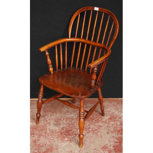 388 - Antique ash and elm Windsor armchair with hoop frame, stick back and solid seat, on turned supports ... 