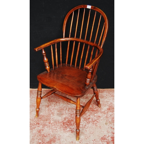 389 - Antique ash and elm Windsor armchair with hoop frame, stick back and solid seat, on turned supports ... 