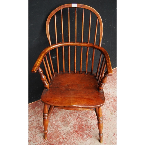 389 - Antique ash and elm Windsor armchair with hoop frame, stick back and solid seat, on turned supports ... 