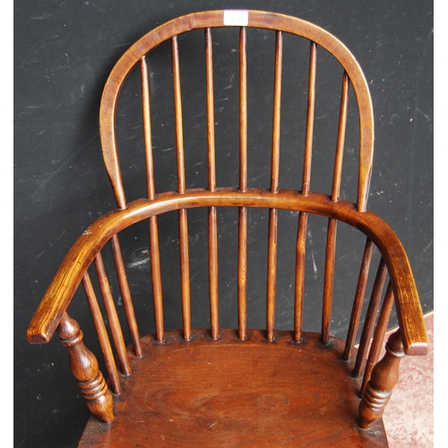 389 - Antique ash and elm Windsor armchair with hoop frame, stick back and solid seat, on turned supports ... 