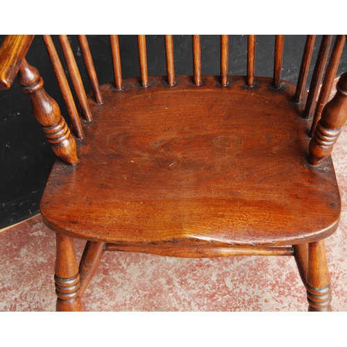 389 - Antique ash and elm Windsor armchair with hoop frame, stick back and solid seat, on turned supports ... 