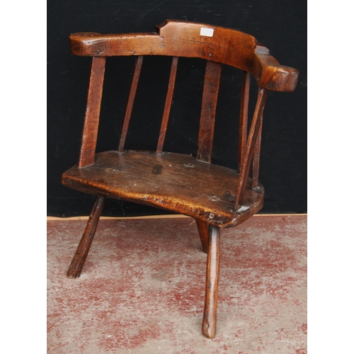 390 - 18th century primitive ash and elm Windsor armchair with low back rest, scroll frame, stick and rail... 